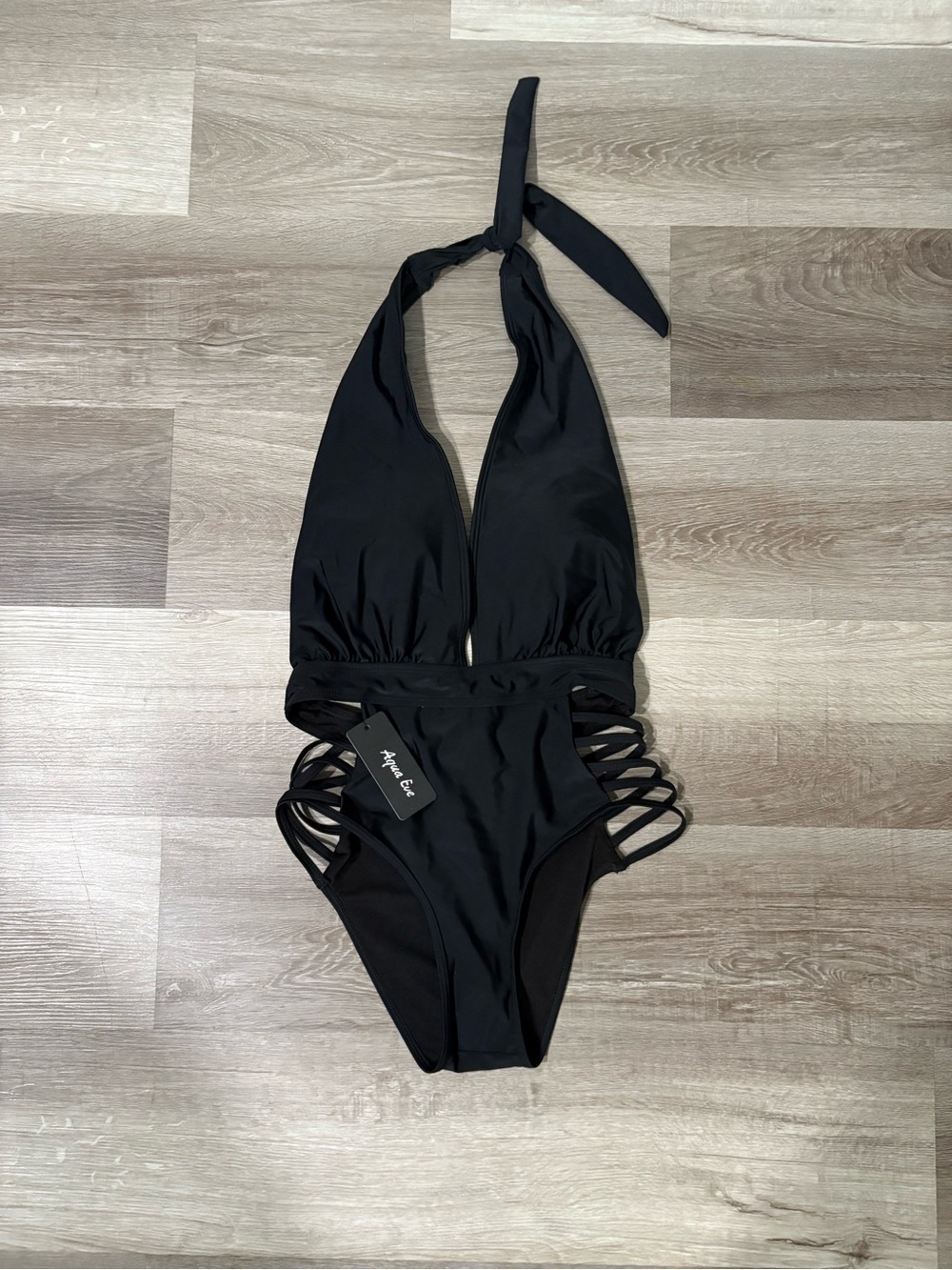 Aqua Eve Black Strappy Halter One-Piece Swimsuit